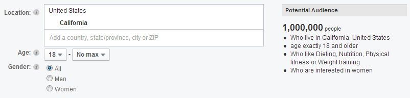 Screenshot from Facebook advertising targeting screen showing a targeted audience of 18+ Californians who are interested in wellness, fitness, etc.