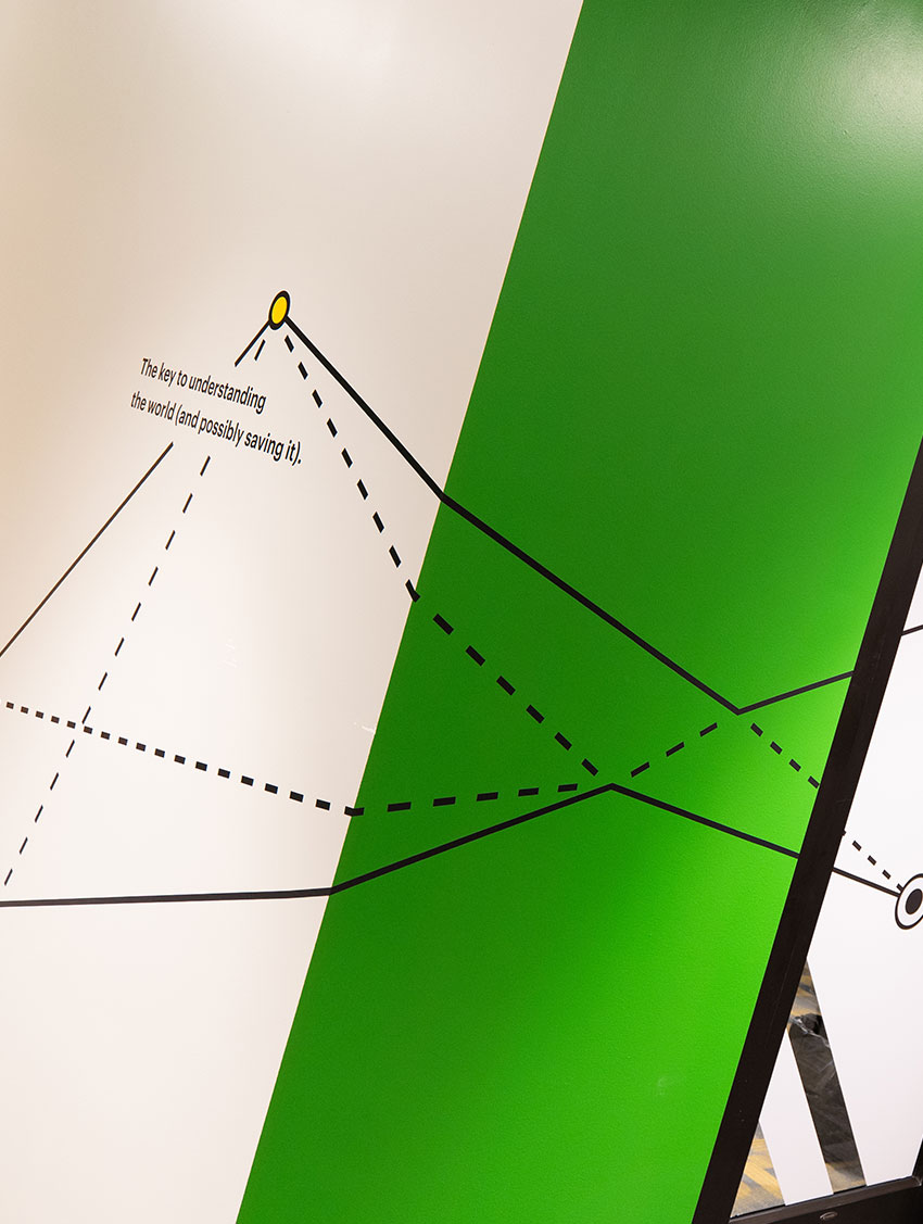 Abstract wall art with geometric lines and green panels, featuring a thought-provoking caption about understanding the world.